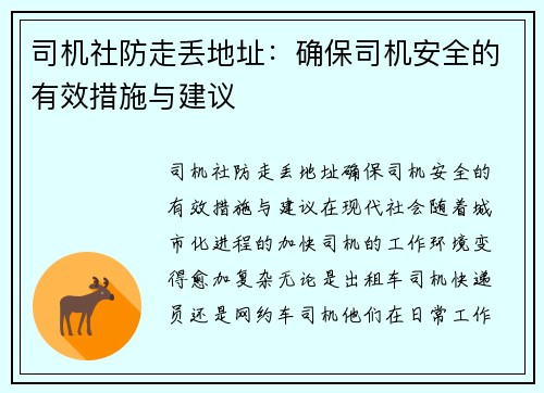 司机社防走丢地址：确保司机安全的有效措施与建议